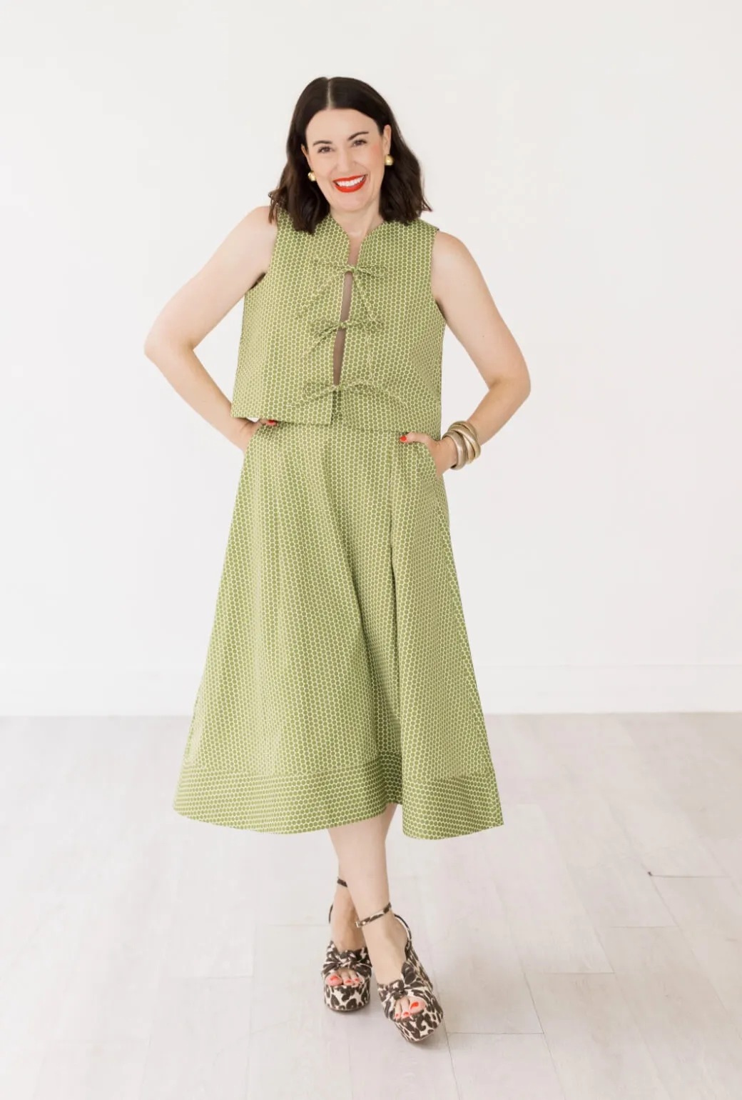 Buru x Val Flat Front MIDI Skirt  - Green Polka Dot Durable Twill DoubleLayeredKnees