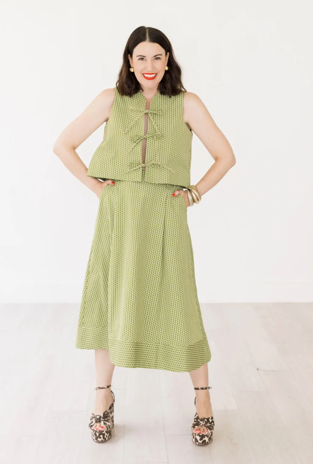 Buru x Val Flat Front MIDI Skirt  - Green Polka Dot Fashion Forward Flattering Waist