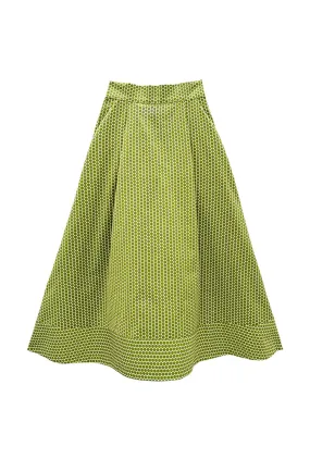 Buru x Val Flat Front MIDI Skirt  - Green Polka Dot Layered Ventilation Zones DropShoulderConstruction