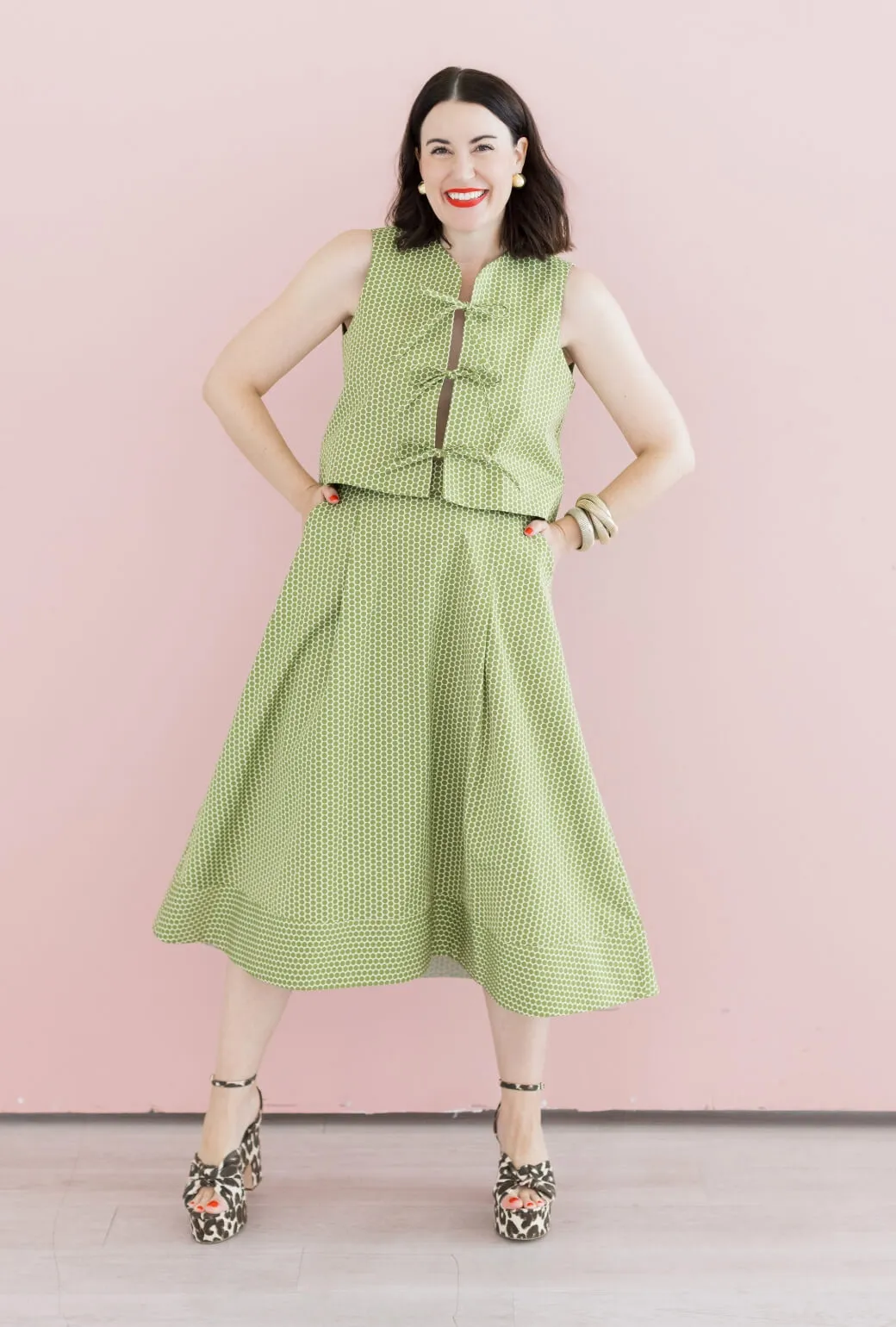 Multi Panel Design Stretchable Waistband Buru x Val Flat Front MIDI Skirt  - Green Polka Dot