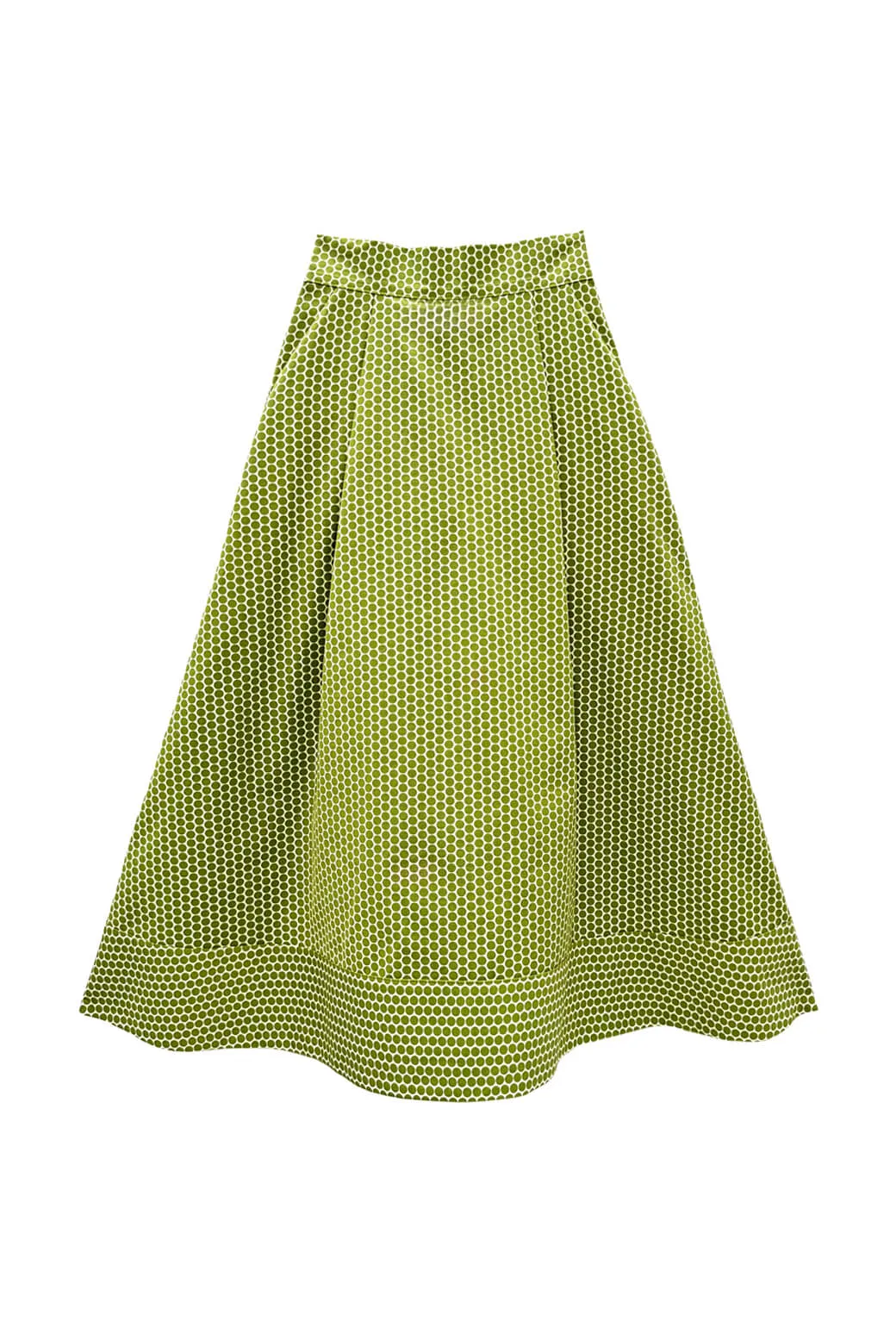 Buru x Val Flat Front MIDI Skirt  - Green Polka Dot Layered Ventilation Zones DropShoulderConstruction