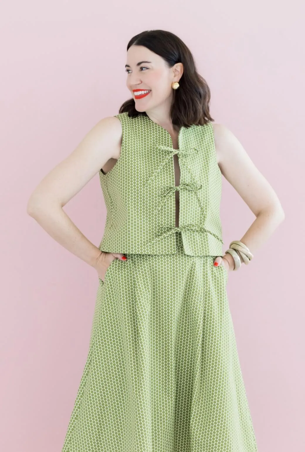 Mesh Lining Stretch Material Buru x Val The Fife Vest - Green Polka Dot