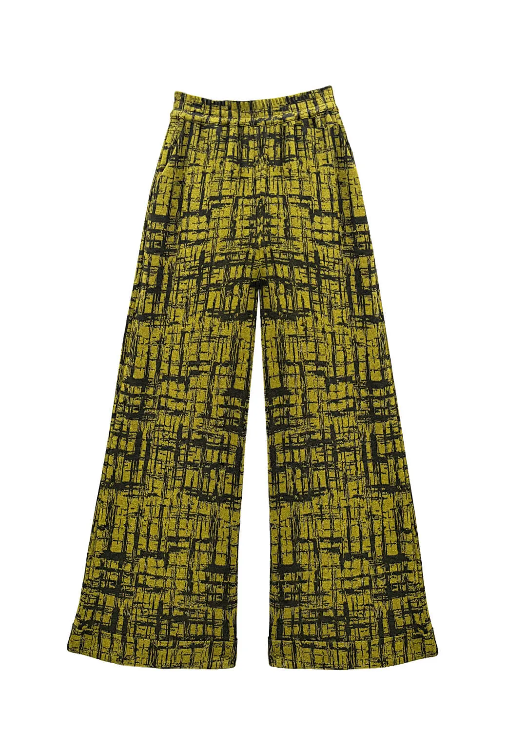 Timeless Look BURU x Val Wide Leg Knit Trouser - Chartreuse & Black Abstract Knit