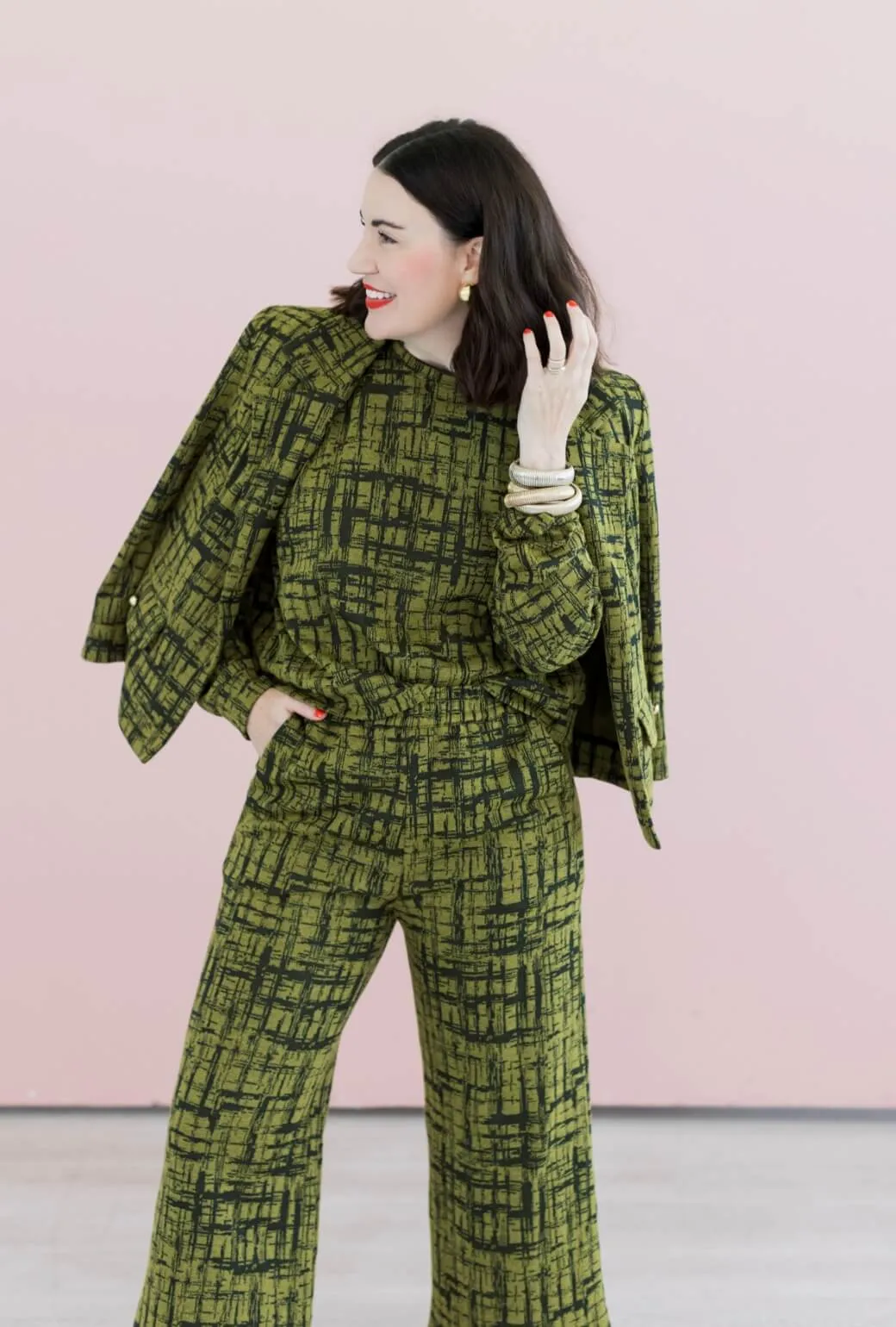 BURU x Val Wide Leg Knit Trouser - Chartreuse & Black Abstract Knit Wrinklefree Relaxed Waist