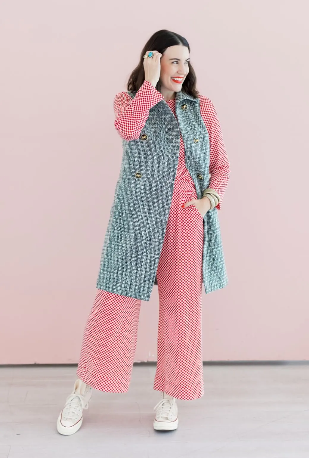 Buru x Val Wide Leg Knit Trouser - Red & White Checkerboard SoftLining Sporty Touch