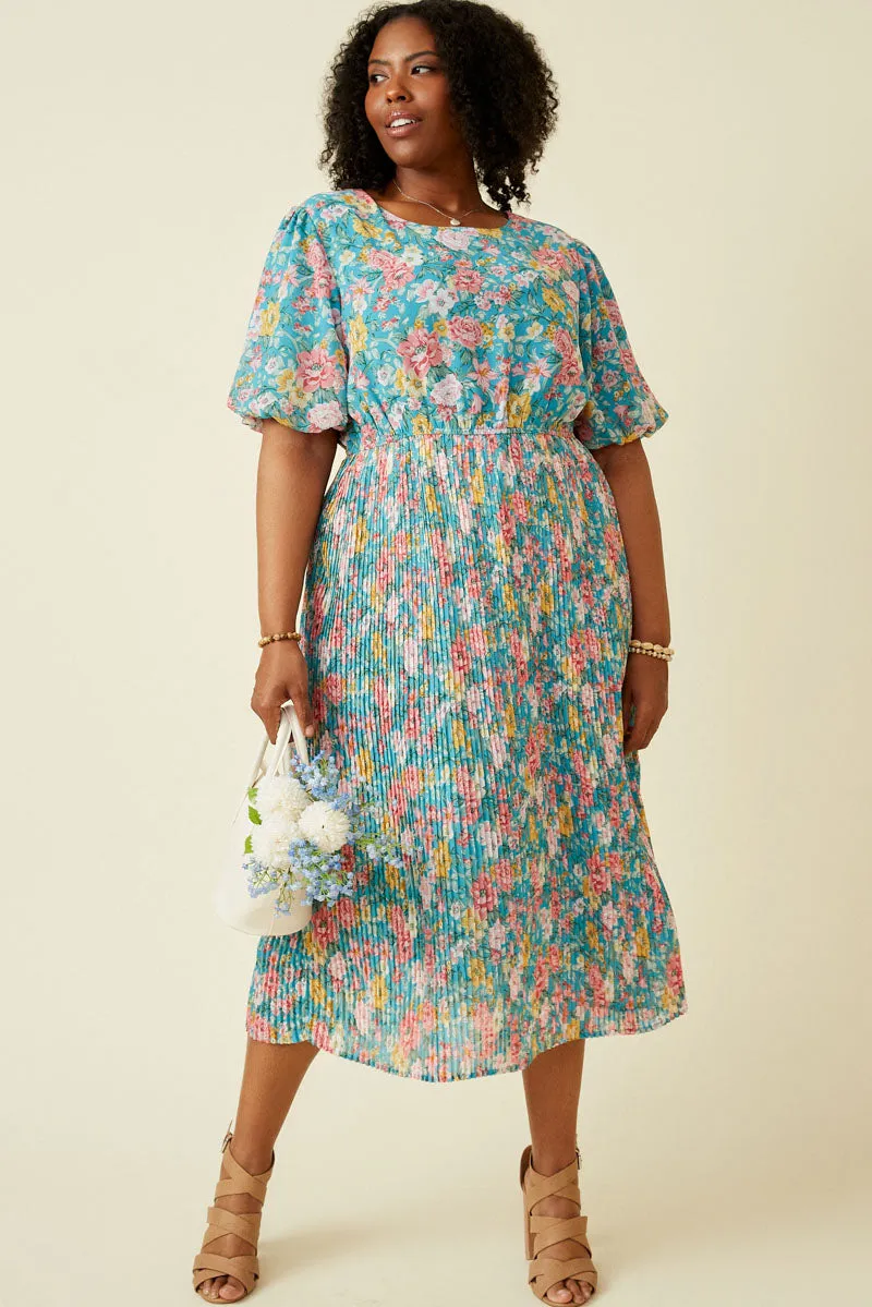 Romantic Floral Puff Sleeve Pleated Skirt Dress Sleeve Light