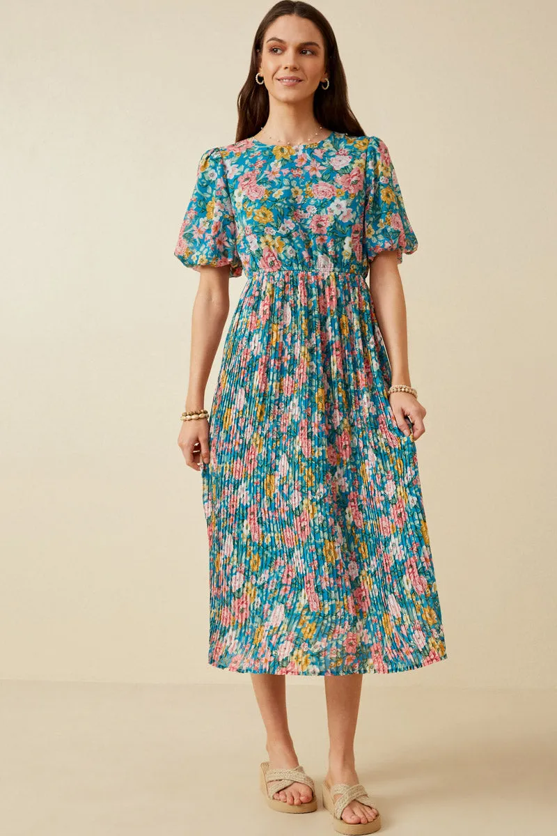 Romantic Floral Puff Sleeve Pleated Skirt Dress Slender Look Sleek Volume