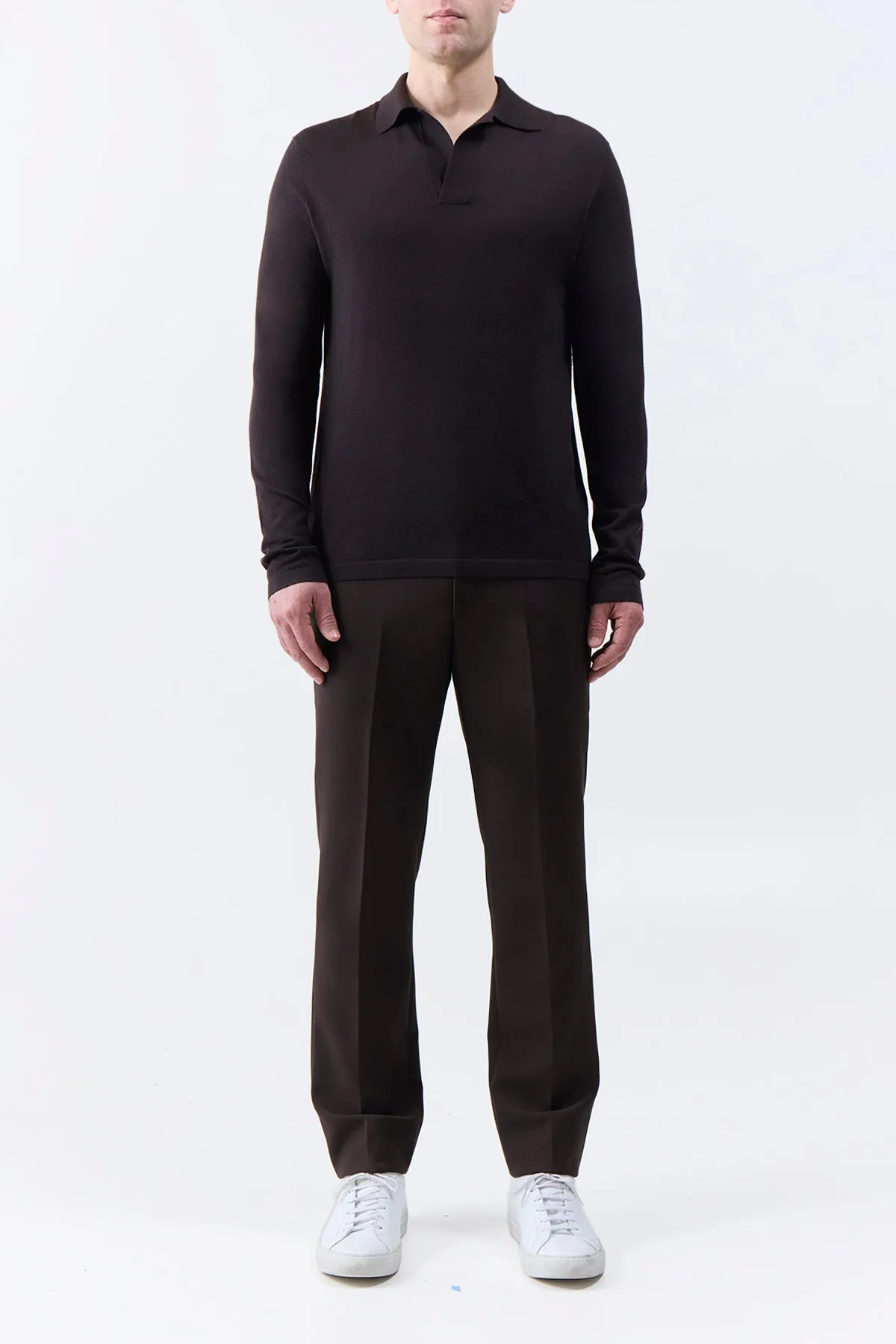 Garment Shaping Panels Frome Knit Long Sleeve Polo in Chocolate Cashmere