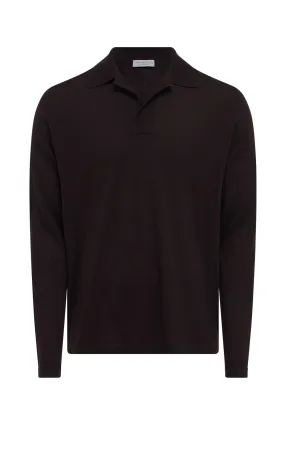 Chic Comforted Frome Knit Long Sleeve Polo in Chocolate Cashmere