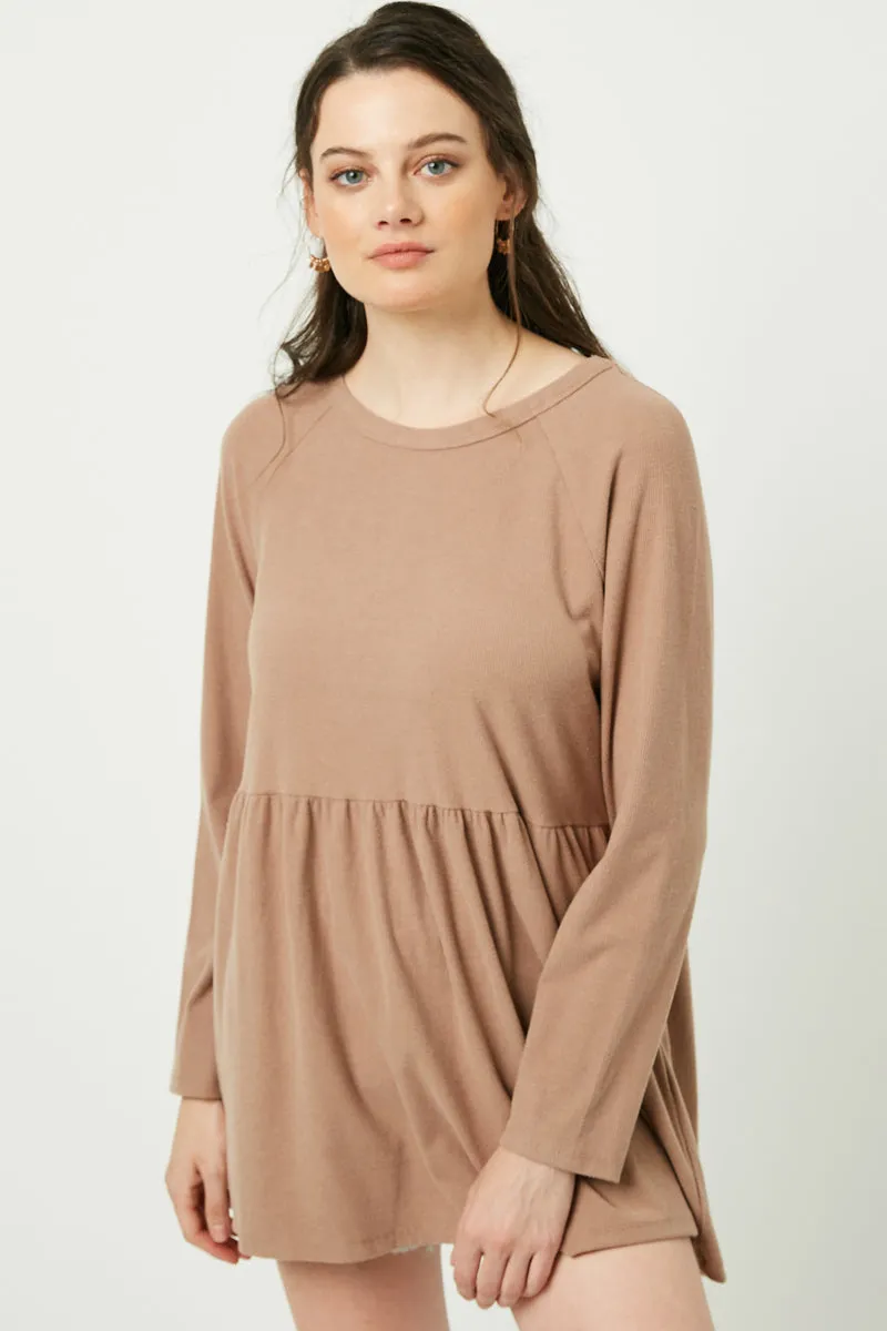 Tubular Body Construction Tagless Collar Button Back Raglan Peplum Top