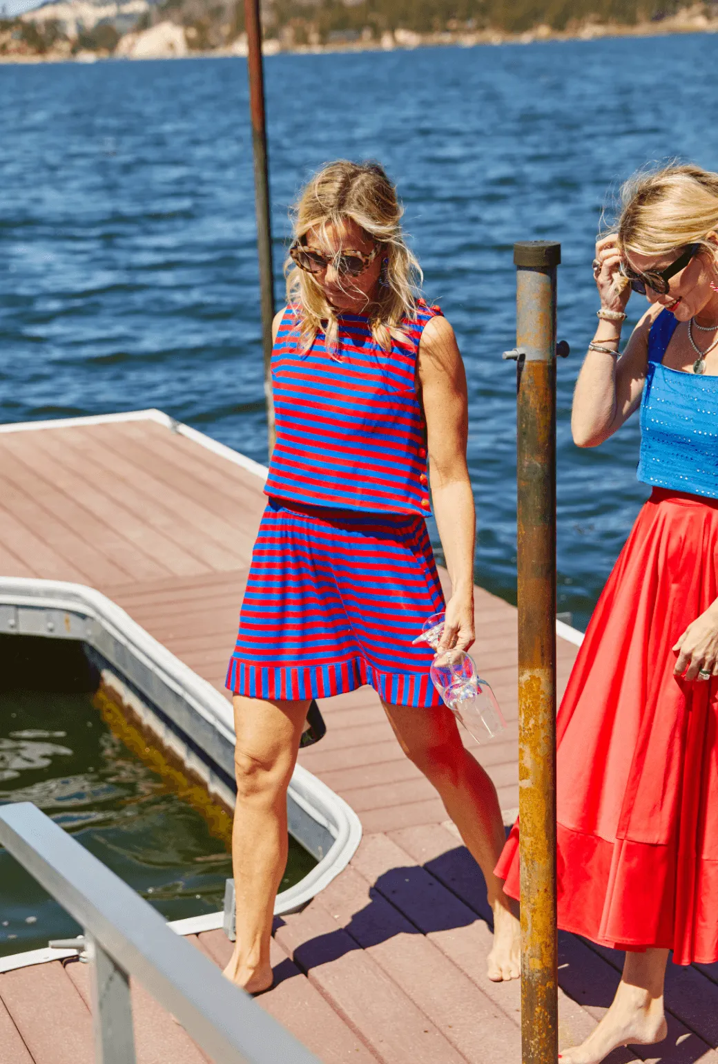 GarmentWashed Texture Button Box Top - Red & Blue Stripe