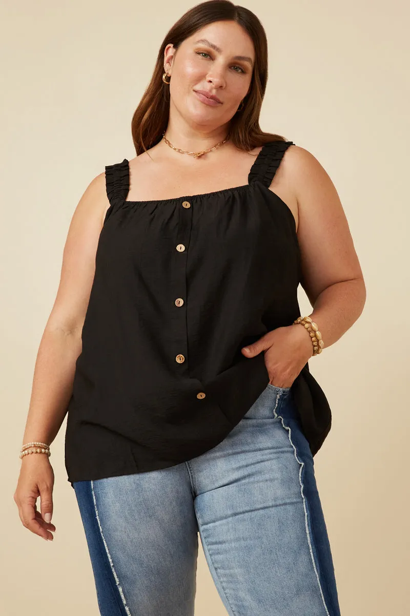 Button Detail Ruffle Strap Tank Versatile use Layered Sleeve