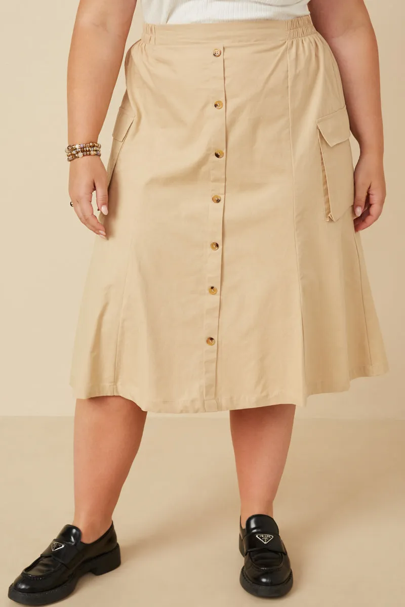 Double Needle Stitching CompressionSupport Button Down Cargo Pocket Midi Skirt