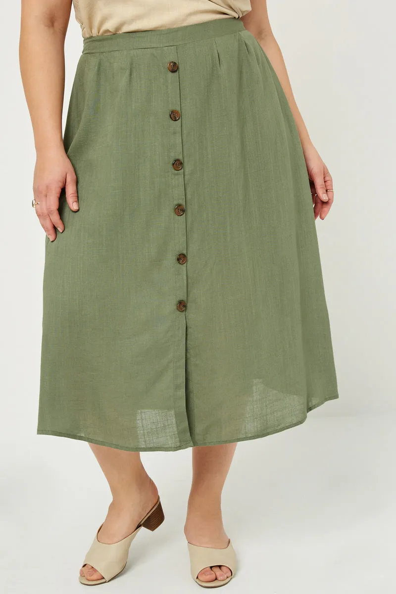 Button-Down Linen Blend Midi Skirt Modular Attachment Flexible Gusset