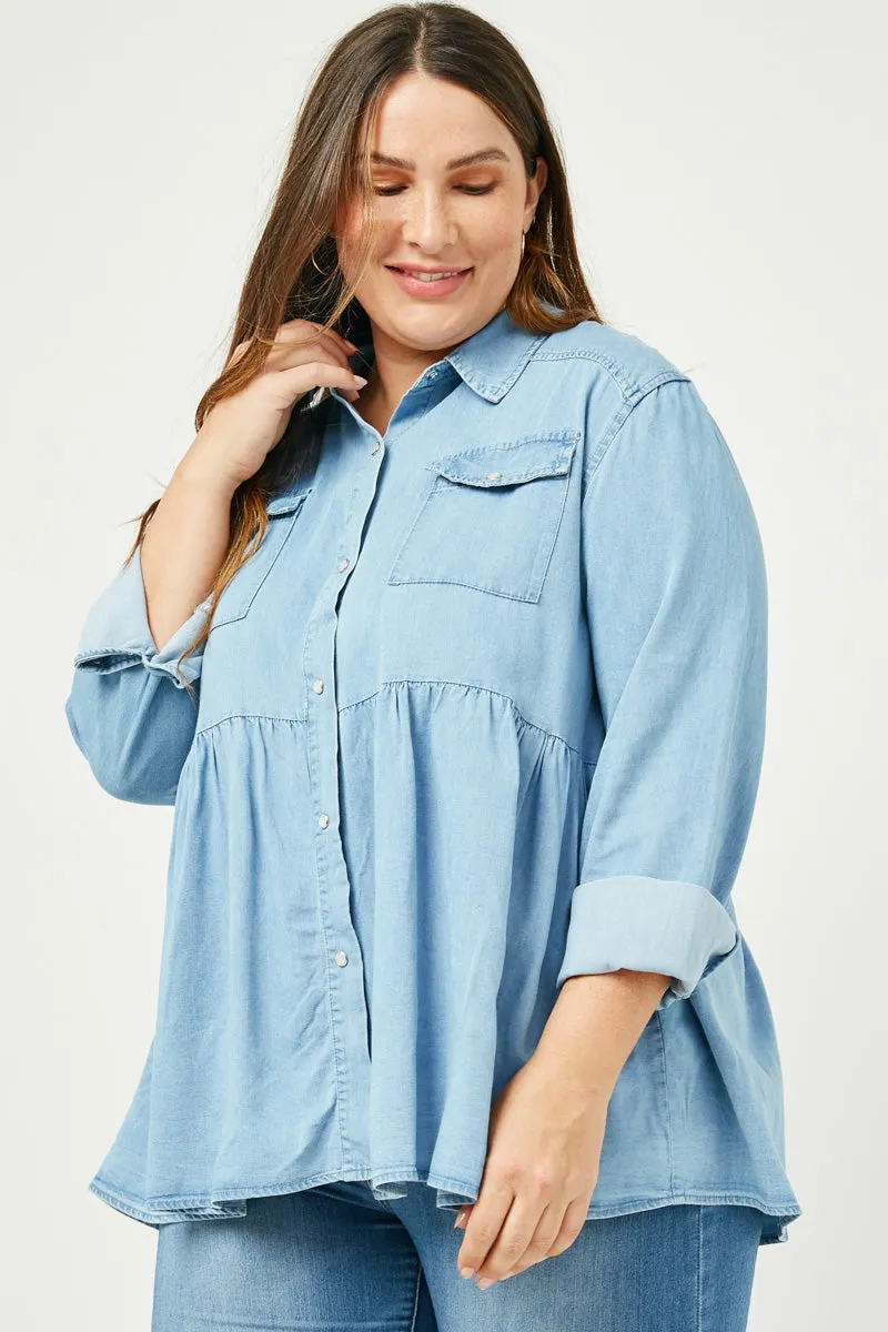 Button Down Peplum Western Tencel Shirt Printed Blouse DoubleNeedle Stitching