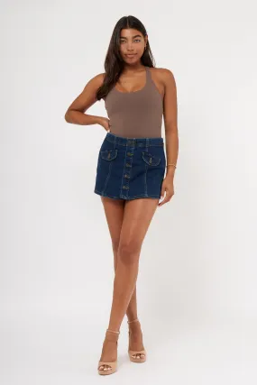 Slim Fit Band Cruise Attire Button Front Flap Pocket Denim Skort