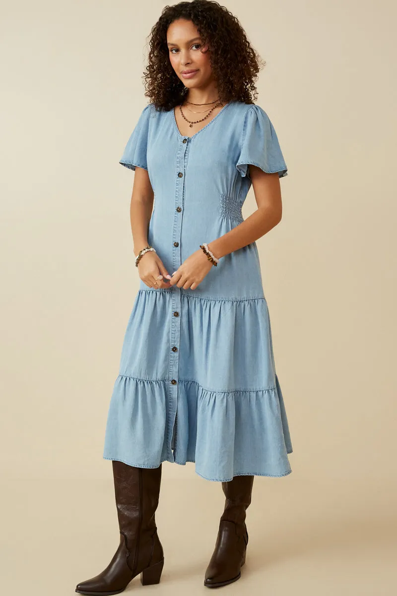 Button Front Side Smocked Denim Tencel Dress Classic-style