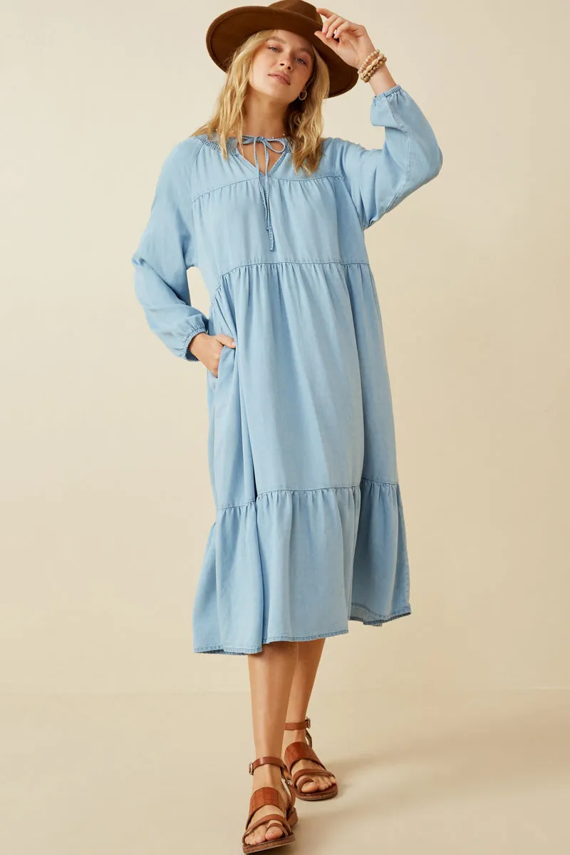 Smock Detail Tie Neck Long Sleeve Tencel Dress Cozy Tones Flow Sleeve