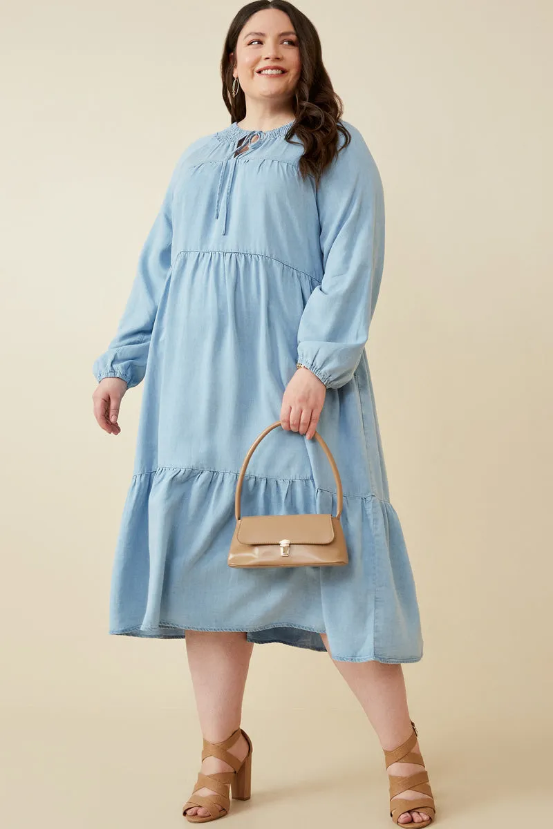 Vibrant Aesthetic Smock Detail Tie Neck Long Sleeve Tencel Dress