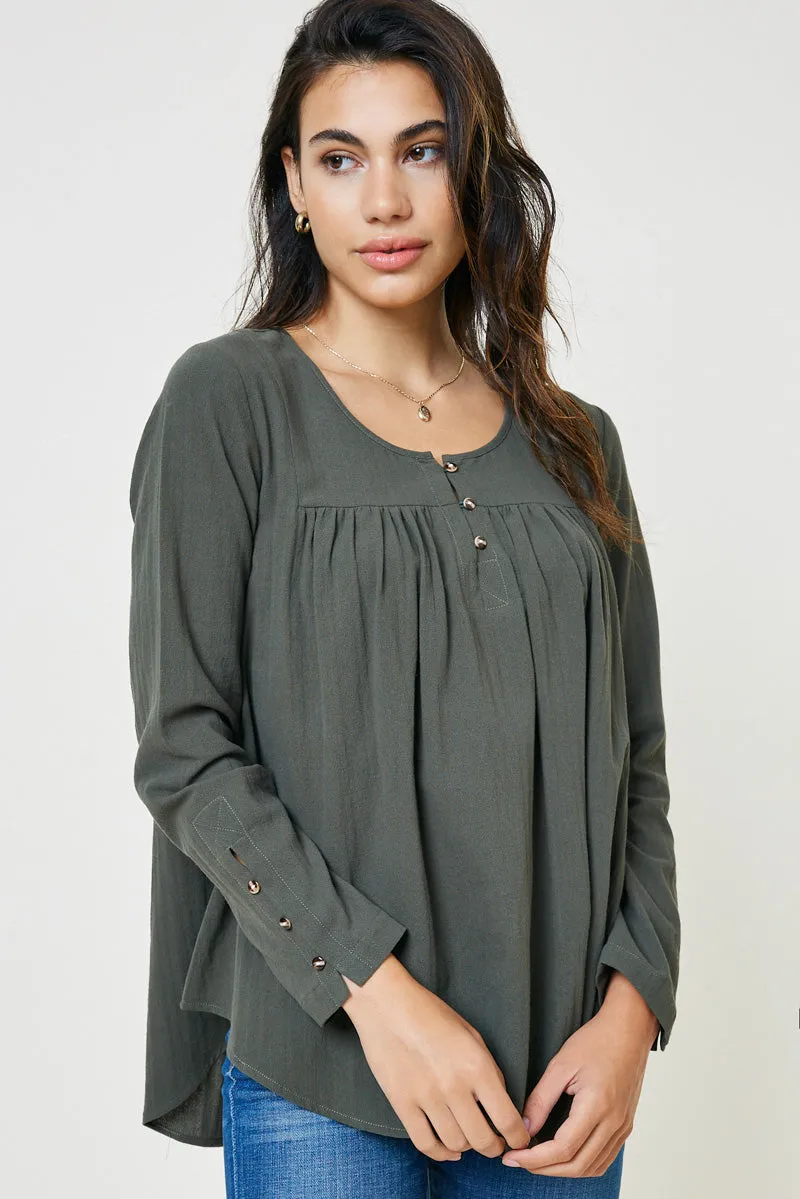 Button Sleeve Tunic Top MicroPerforated Details Loose Sweater