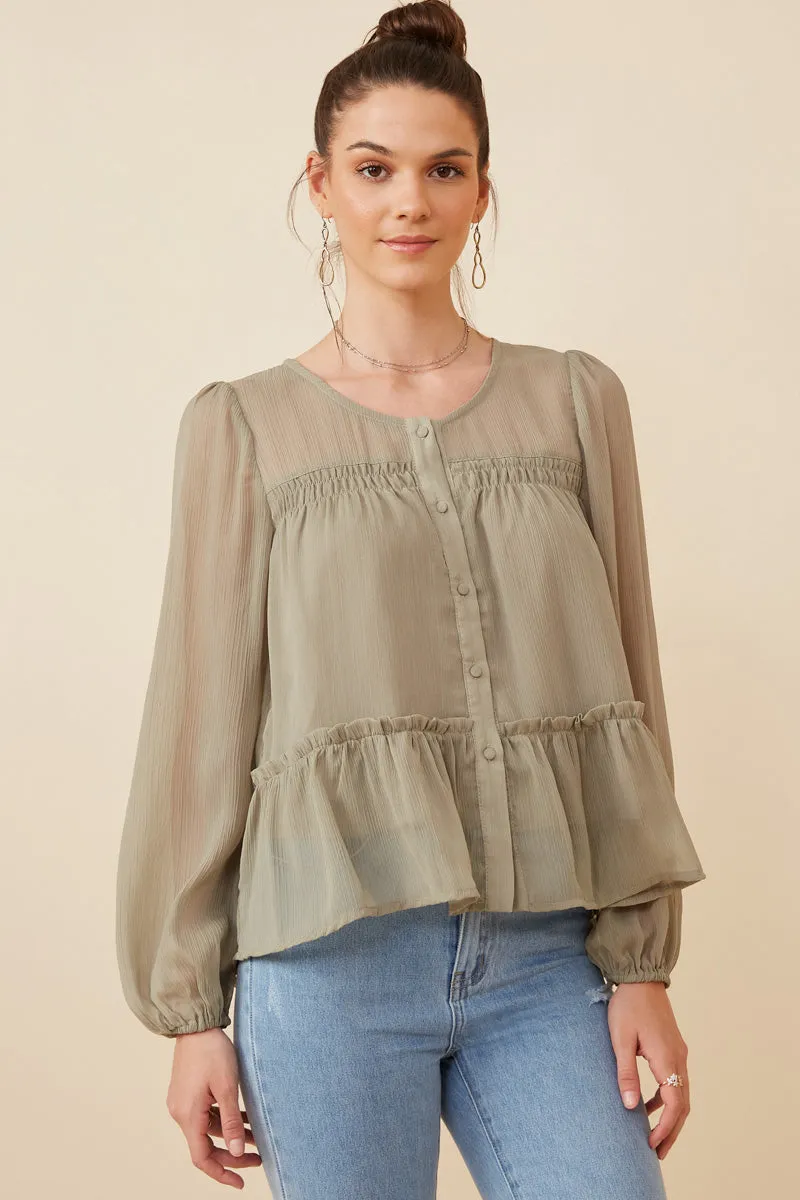Button up Ruffle Detailed Textured Chiffon Shirt Ethical production Zero Waste Production Label