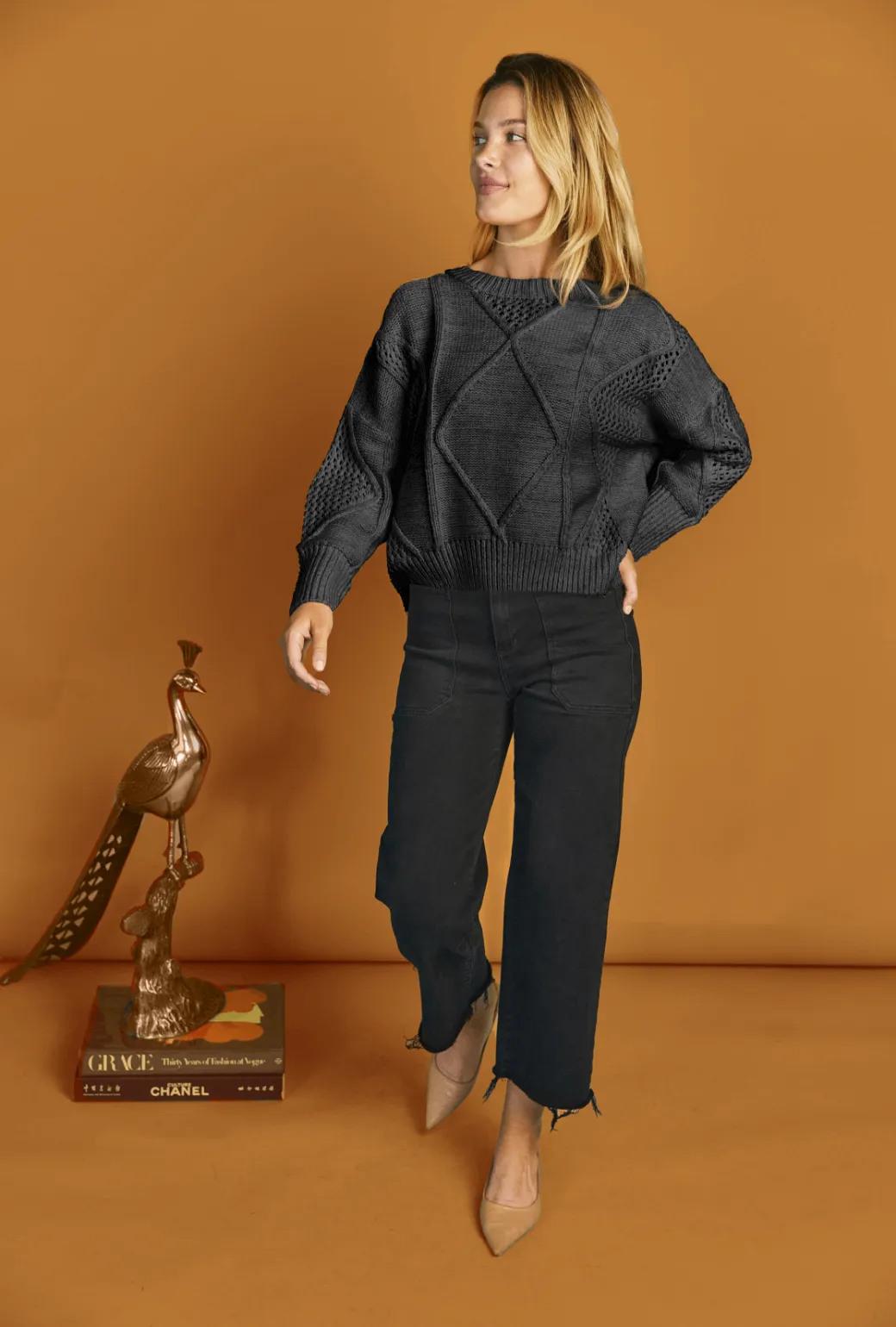 MinimalistAesthetic HighNeck Cable Knit Fisherman Sweater - Black