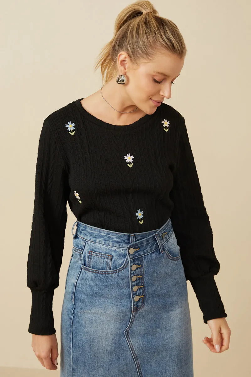 Cable Knit Floral Embroidered Long Sleeve Top Hooded Design Rubberized grip