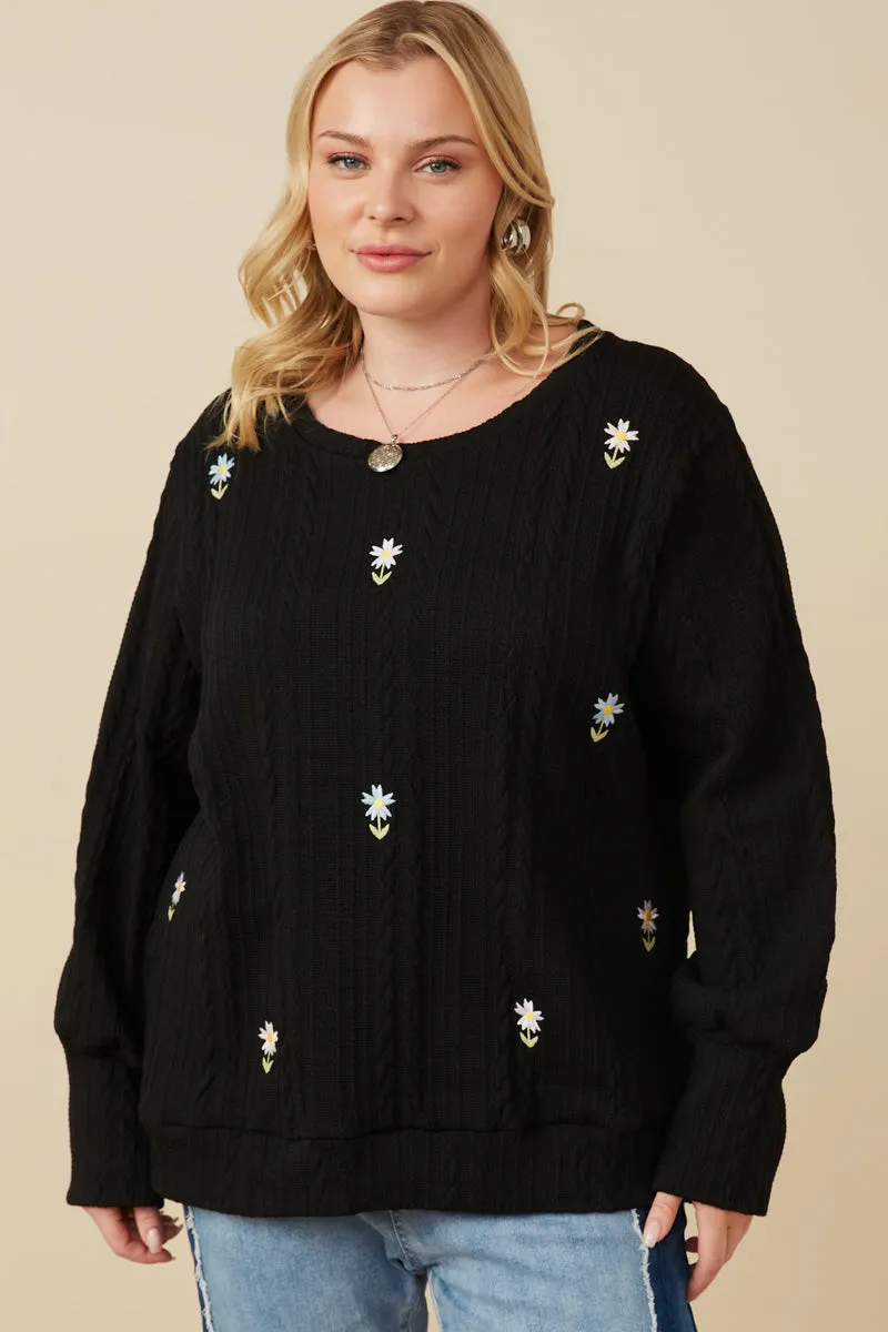 Cable Knit Floral Embroidered Long Sleeve Top Reflective Accent Stripes