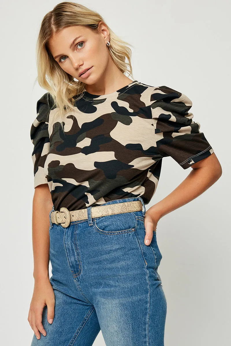Camo Puff Sleeve Top Soft Brushed Finish FrictionReducing