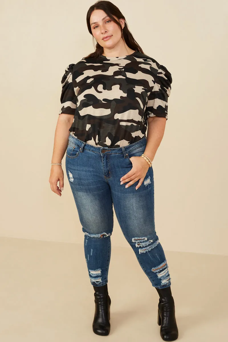 Camo Puff Sleeve Top Moisture Control Lining Flatlock Seam Design