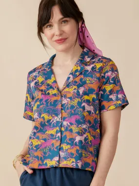 Camp Shirt - Blue Horses Erasable Surface Coating RawHemDetail