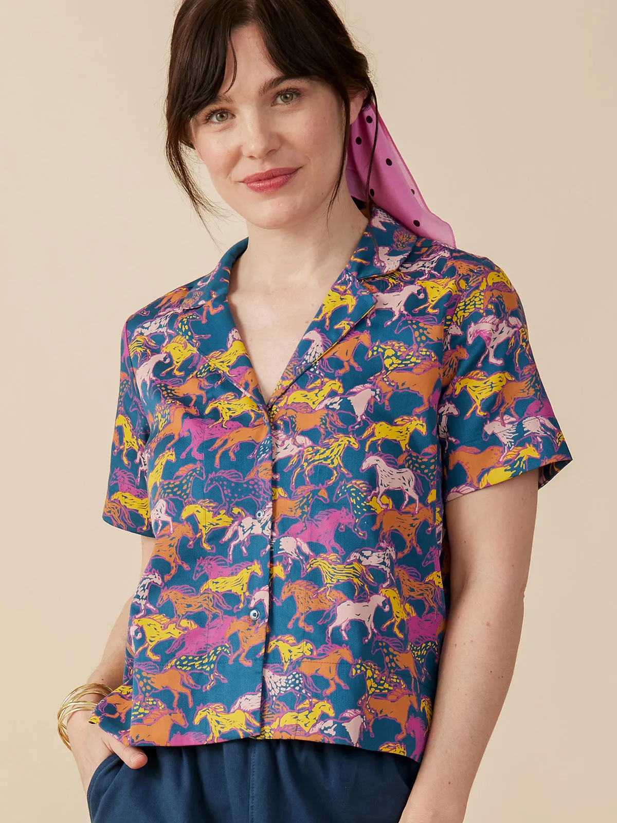 Camp Shirt - Blue Horses Eco Friendly Material Comfy Layer