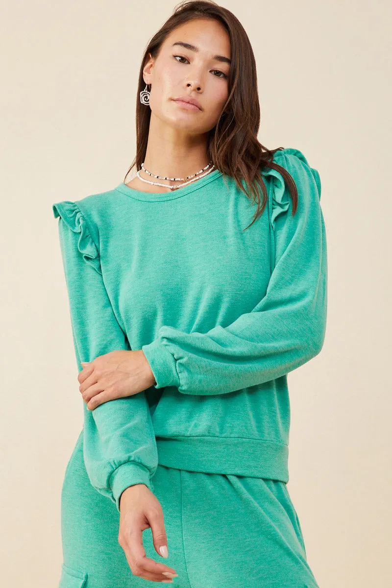 Reinforced Stitching Formal Wear Ruffled Long Sleeve French Terry Knit Top