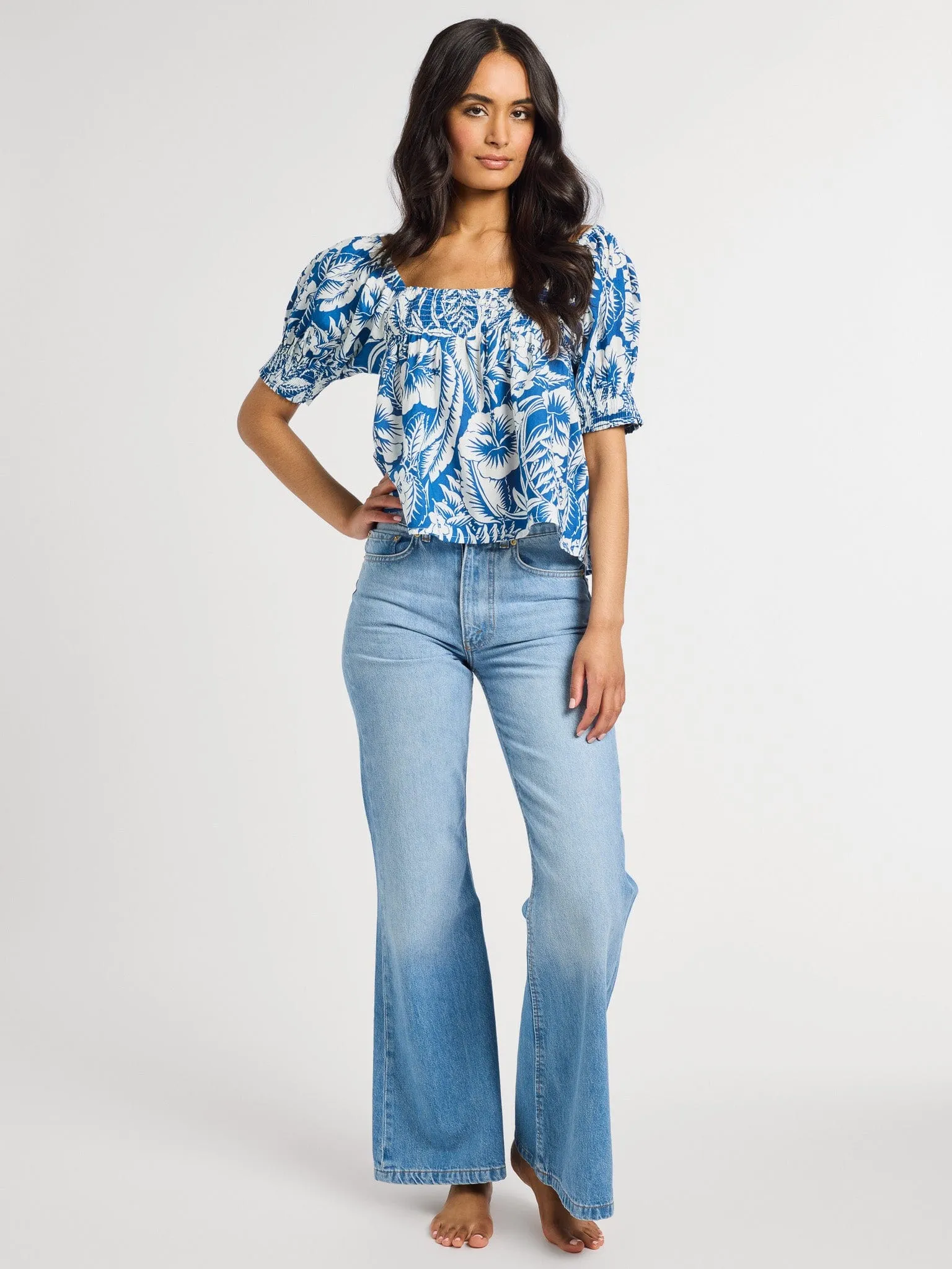 Anti Static Treatment Caro Top in Blue Hibiscus