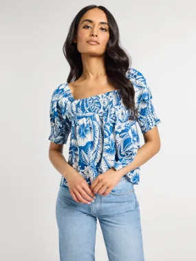 Caro Top in Blue Hibiscus Double Needle Hemming