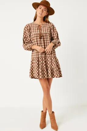 Puff Sleeve Tie Neck Gingham Dress Metallic-Shine Casual Edge