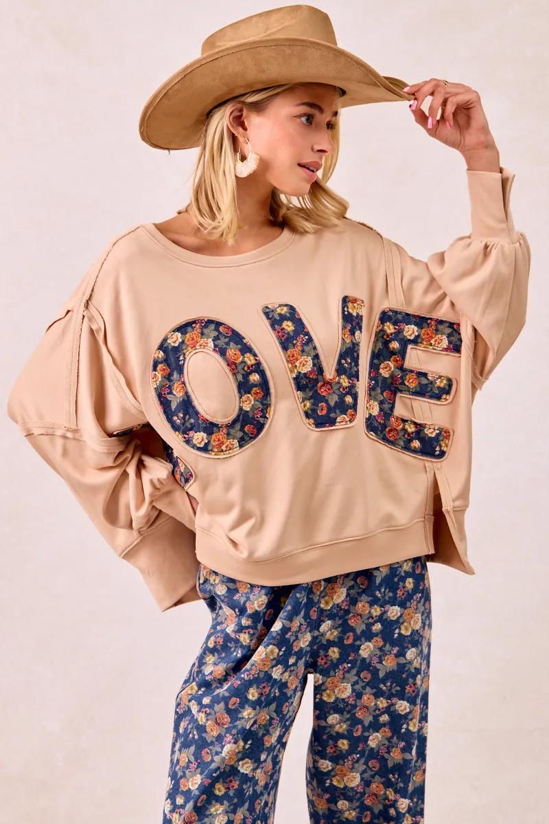 Anti Pilling Technology IT3426R-08 | FLORAL LOVE LETTER PATCHES FRENCH TERRY SWEATSHIRT