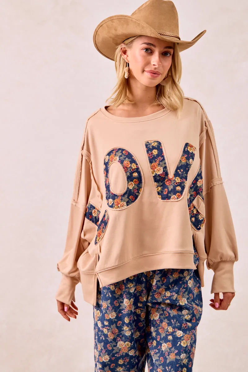 IT3426R-08 | FLORAL LOVE LETTER PATCHES FRENCH TERRY SWEATSHIRT Enhanced Edge Binding