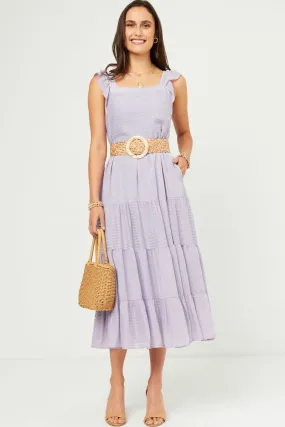 Textured Stripe Ruffle Sleeve Button Detail Tiered Dress Party Floral