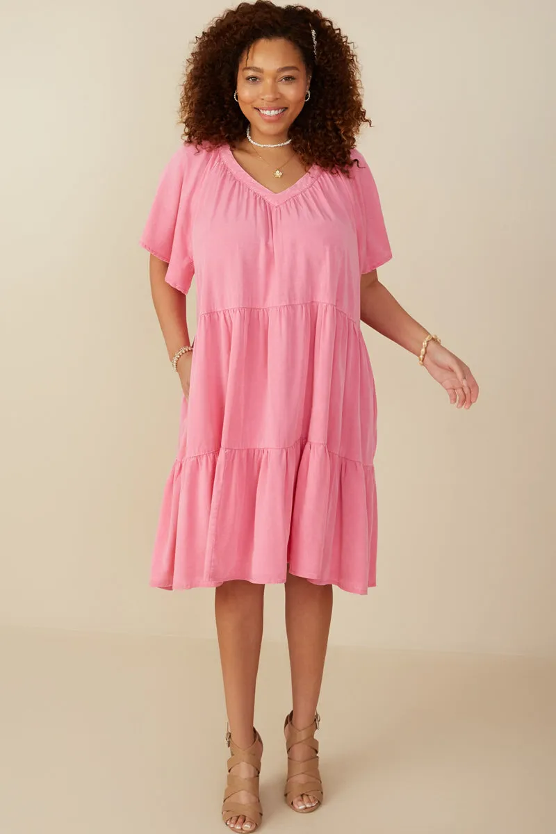 Lightweight Layer Washed Tencel V Neck Tiered Dress