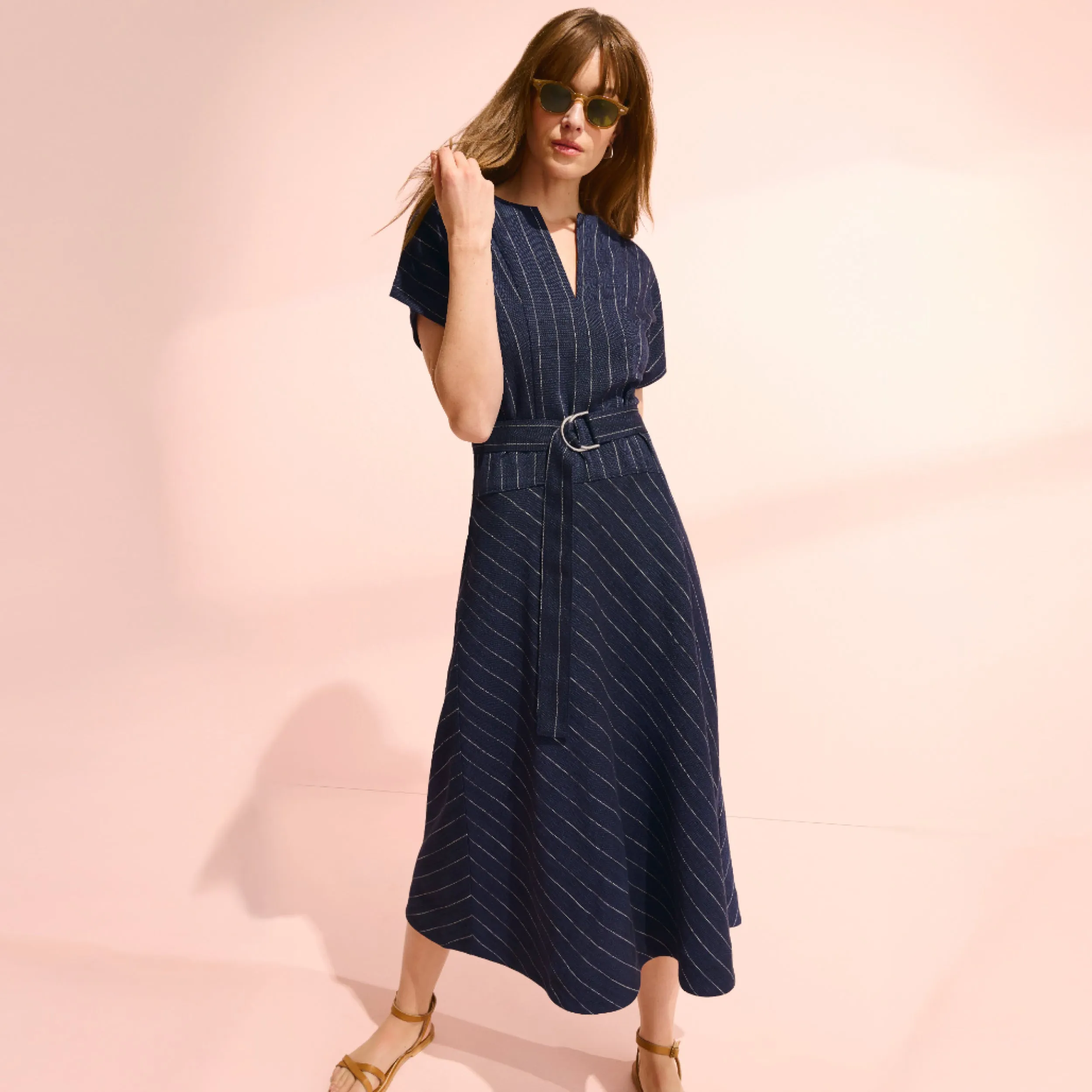 Cereah Belt Dress - Summer Pinstripe :: Navy/Ivory High Visibility Trim