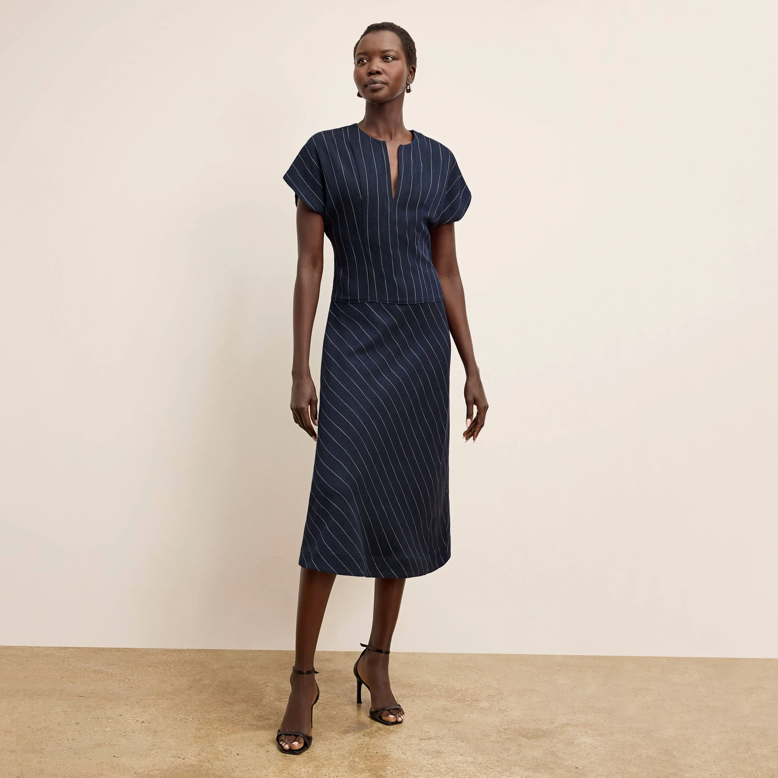 Cereah Belt Dress - Summer Pinstripe :: Navy/Ivory Odor Resistant Treatment ChafeFreeEdging