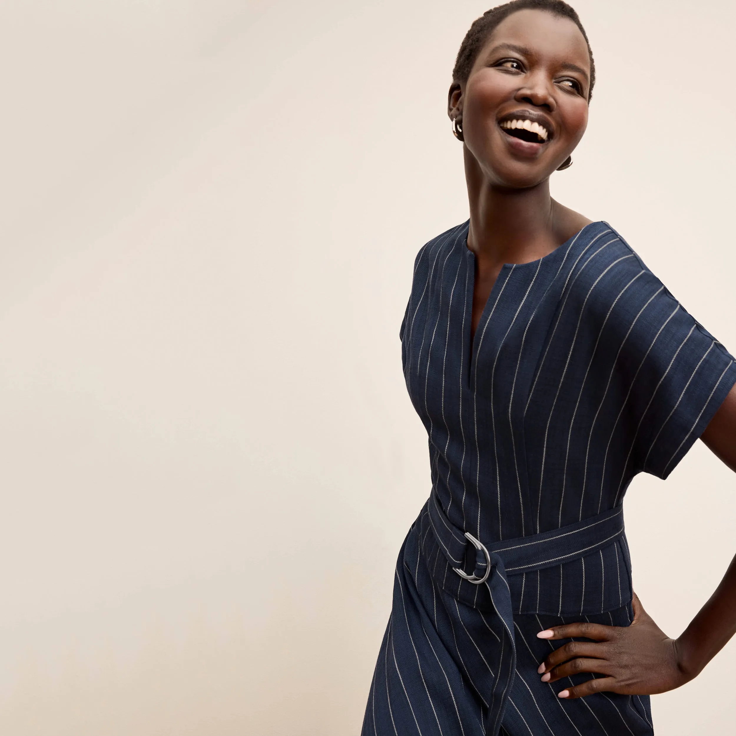 Cereah Belt Dress - Summer Pinstripe :: Navy/Ivory GarmentWashed Texture Wrinkle Free Weave