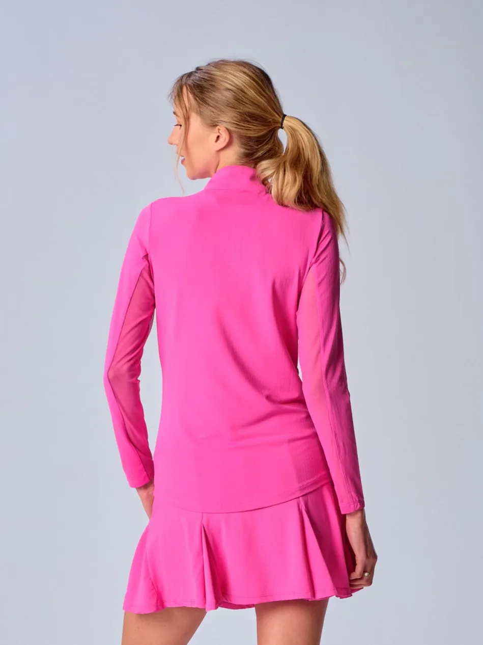 Quarter Zip Sun Protection Top In Hot Pink RibbedTexture Textured Weave Pattern