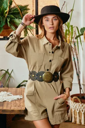 Button Up Cargo Pocket Long Sleeve Romper Comfortable casual dress