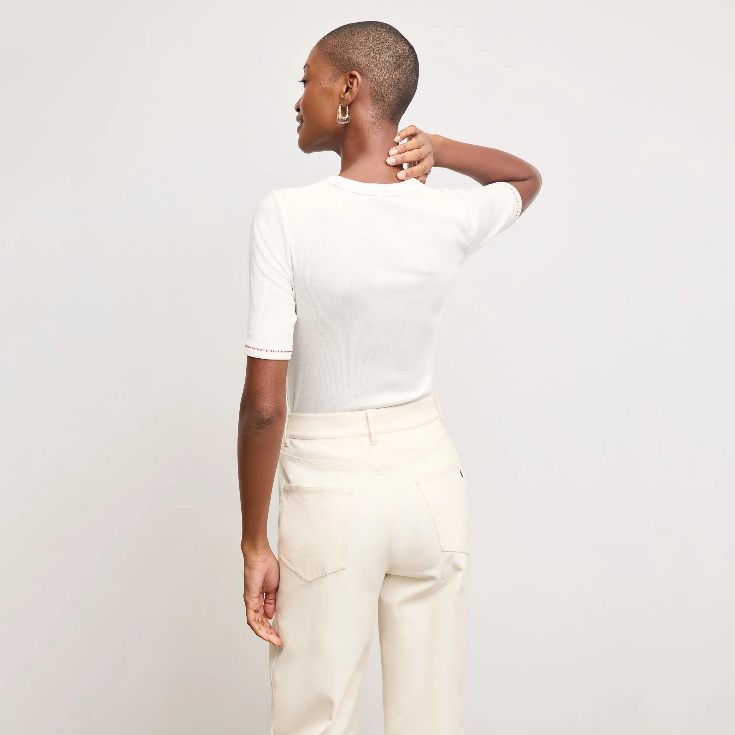 Bonded Seam Technique UV Protection Chana Fitted T-Shirt - Contrast Organic Ribbed Pima Cotton :: Ivory/Red