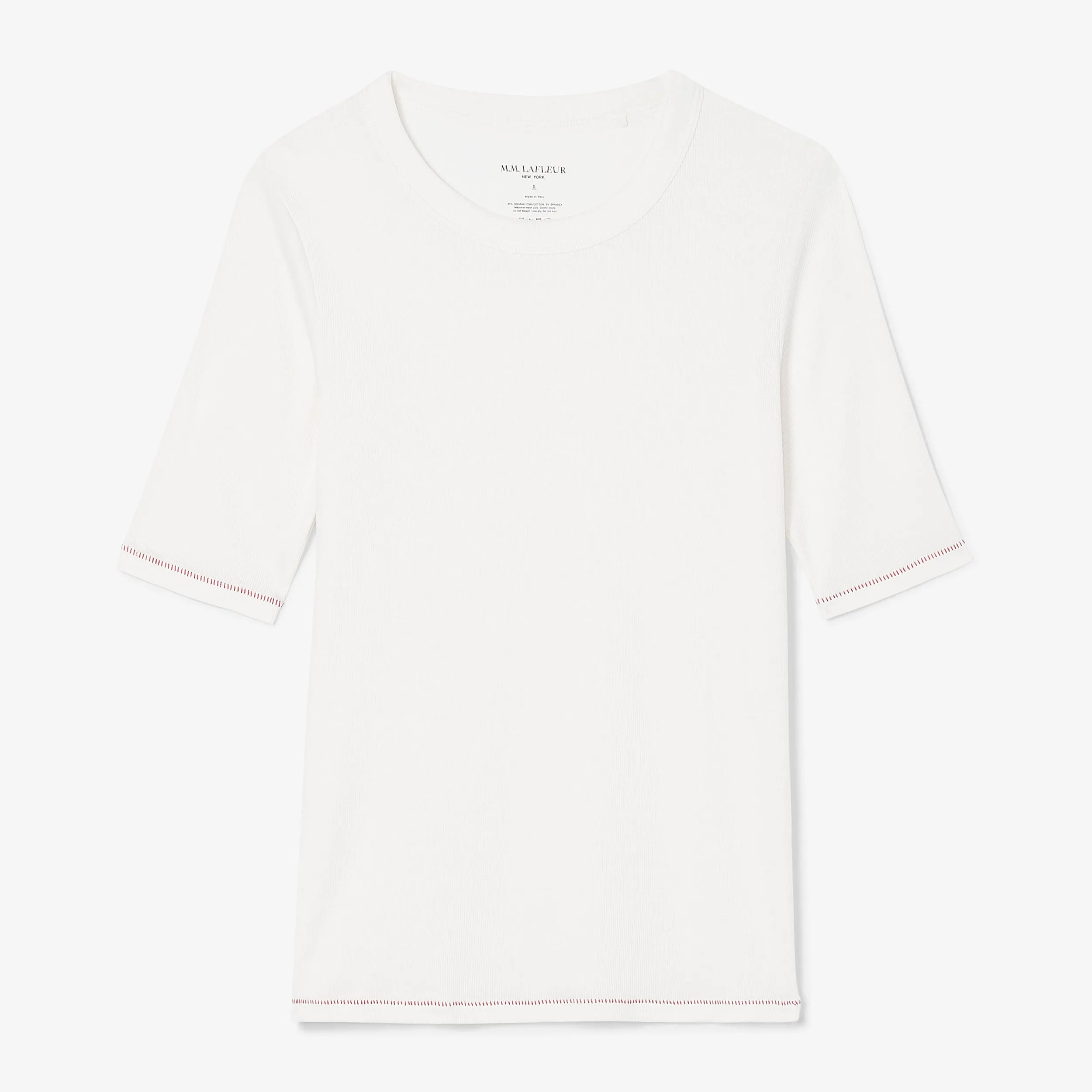 Chana Fitted T-Shirt - Contrast Organic Ribbed Pima Cotton :: Ivory/Red Flexible Shoulder Gusset