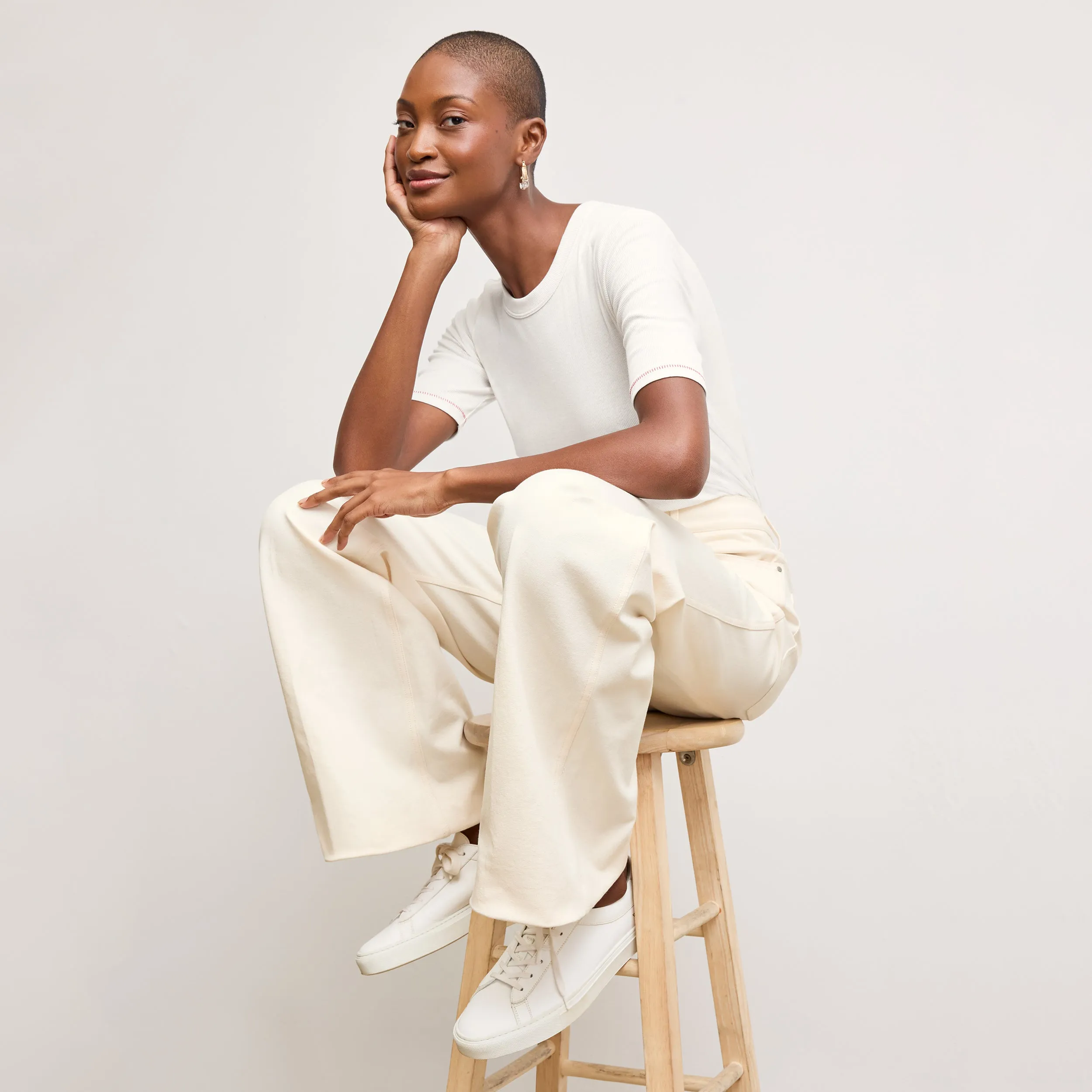 Layered Collar Structure BondedShoulderTaping Chana Fitted T-Shirt - Contrast Organic Ribbed Pima Cotton :: Ivory/Red