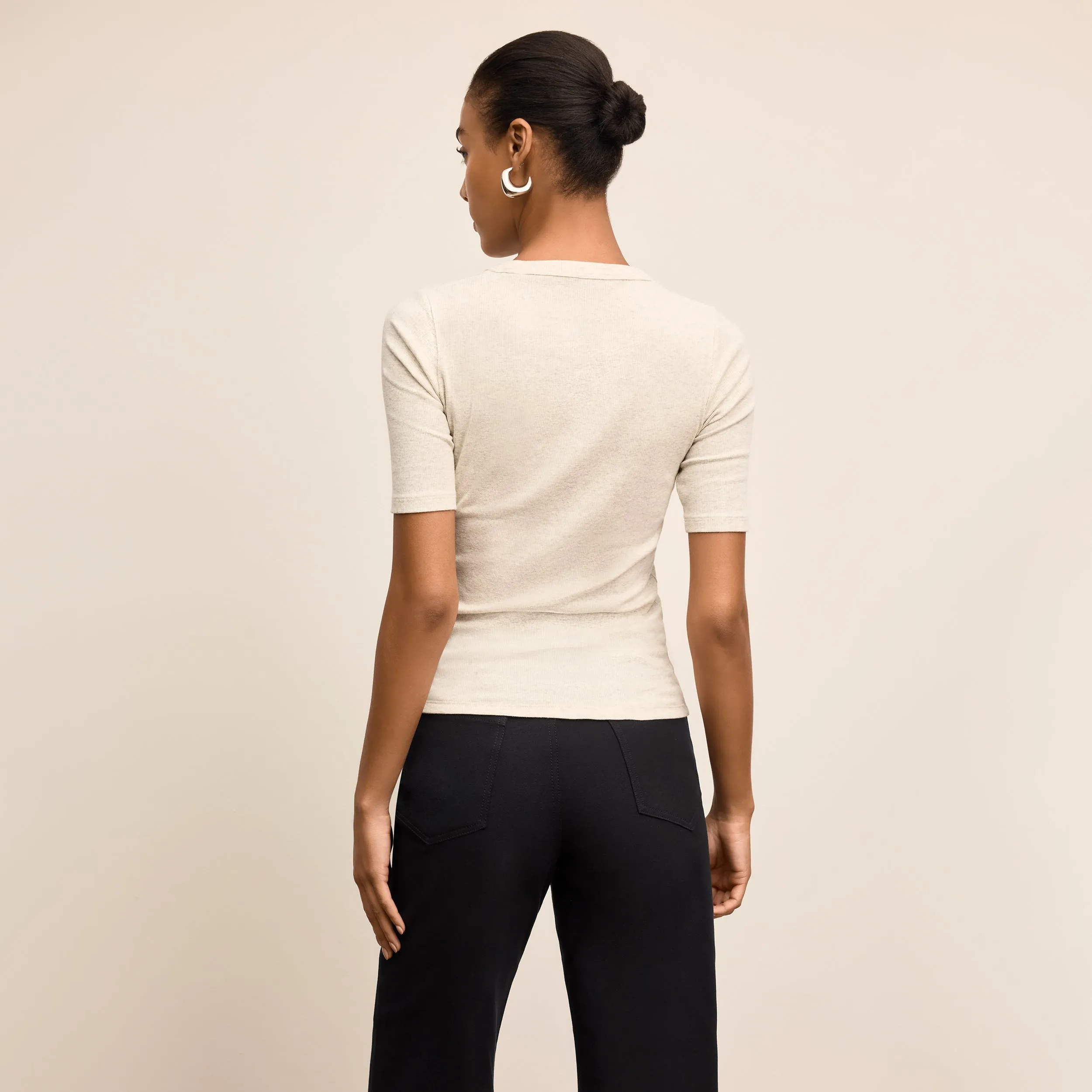 Chana Fitted T-Shirt - Organic Ribbed Pima Cotton :: Beige Melange Geometric Print