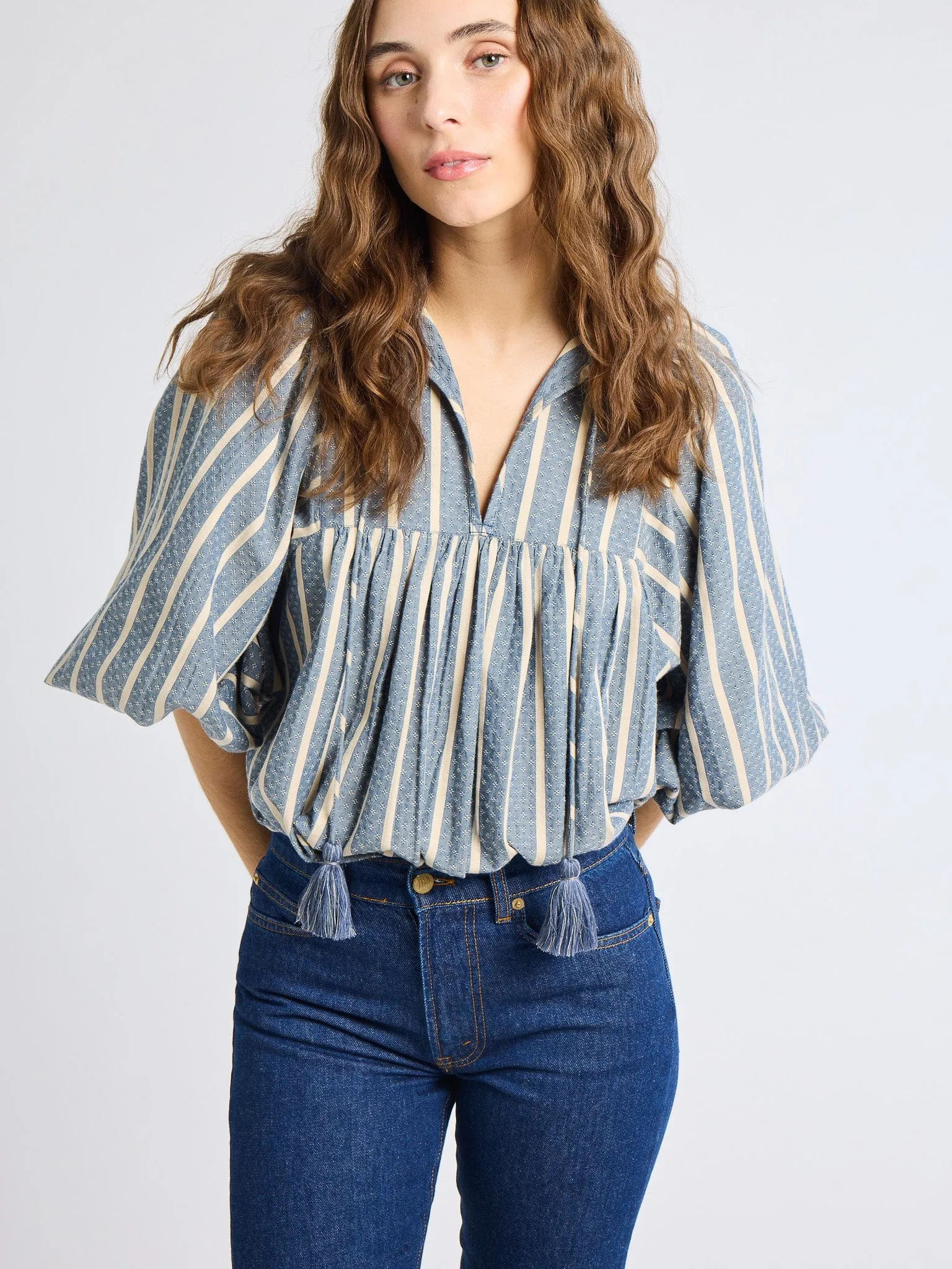 Weighted Hem Design ButtonFront Charlie Top in Chambray Stripe